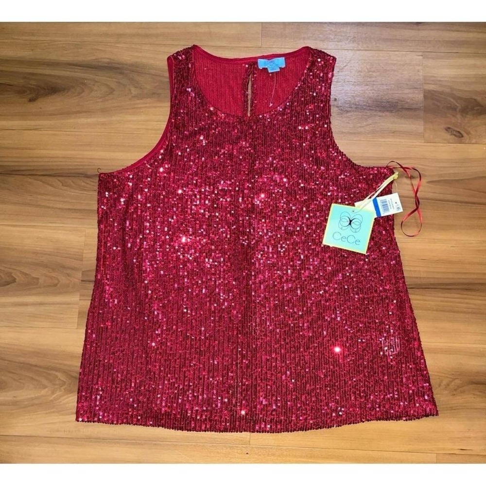 Womens NWT CeCe Sequin Red Party Nightlife Eyelet TankTop - Picture 1 of 6